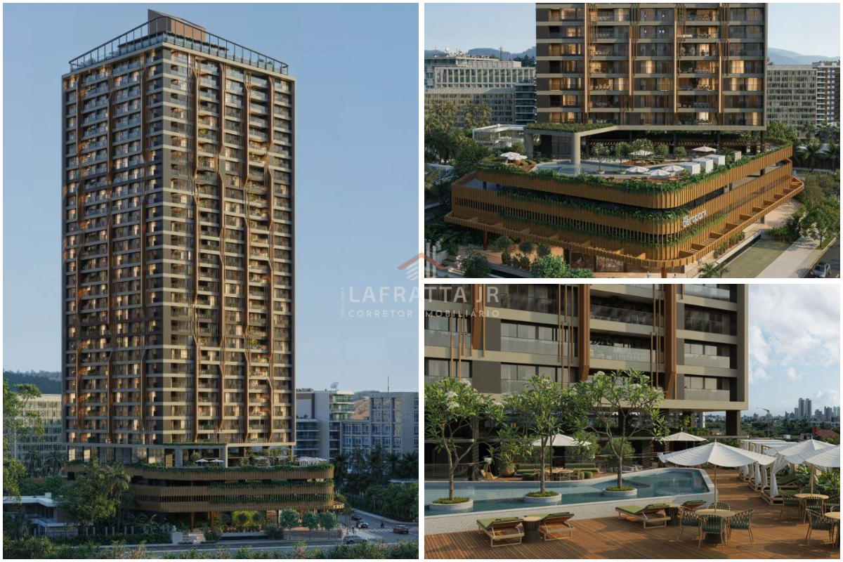 Fachada comercial e residencial do Eco Aeropark em João Pessoa, destacando arquitetura biofílica com brises de madeira, vegetação integrada nos pavimentos e escadaria curva de acesso ao lobby.