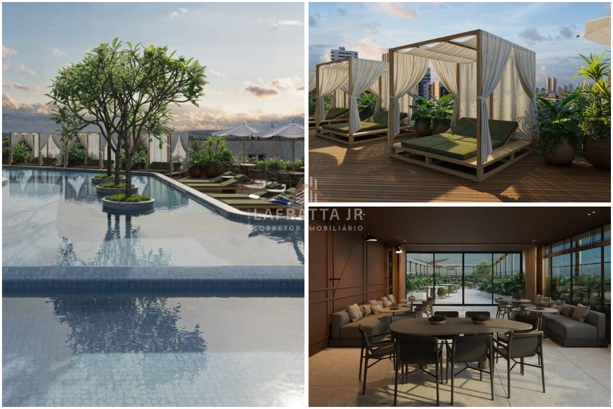 Fachada comercial e residencial do Eco Aeropark em João Pessoa, destacando arquitetura biofílica com brises de madeira, vegetação integrada nos pavimentos e escadaria curva de acesso ao lobby.