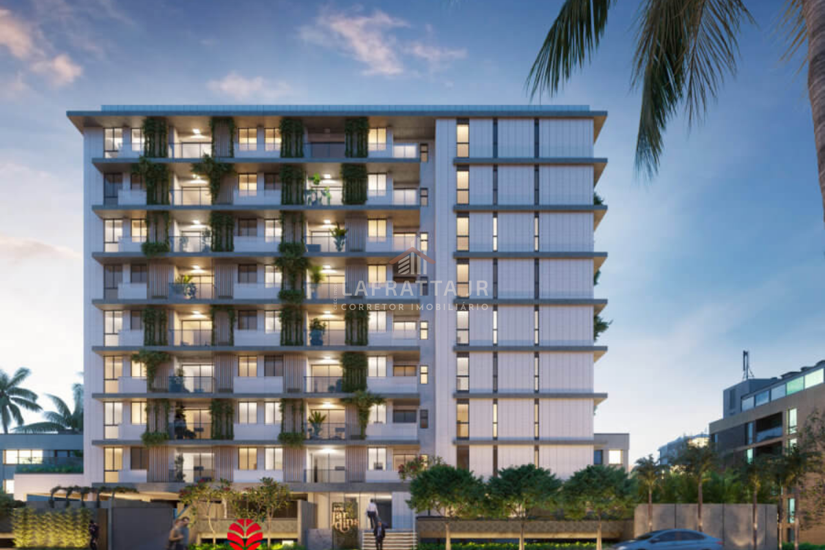 Fachada do Eco Jardins no Jardim Oceania, destacando o paisagismo integrado, varandas gourmet e arquitetura moderna em rua arborizada de João Pessoa.