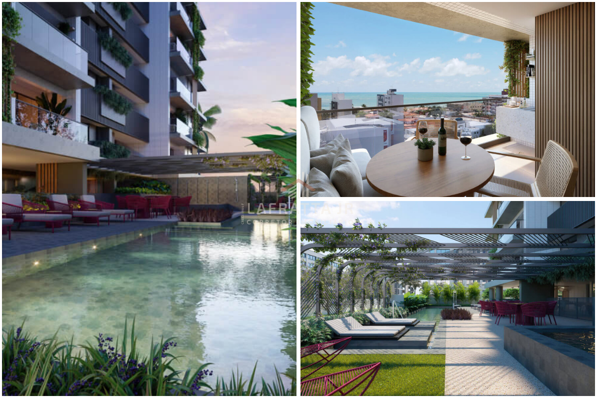 Fachada do Eco Jardins no Jardim Oceania, destacando o paisagismo integrado, varandas gourmet e arquitetura moderna em rua arborizada de João Pessoa.