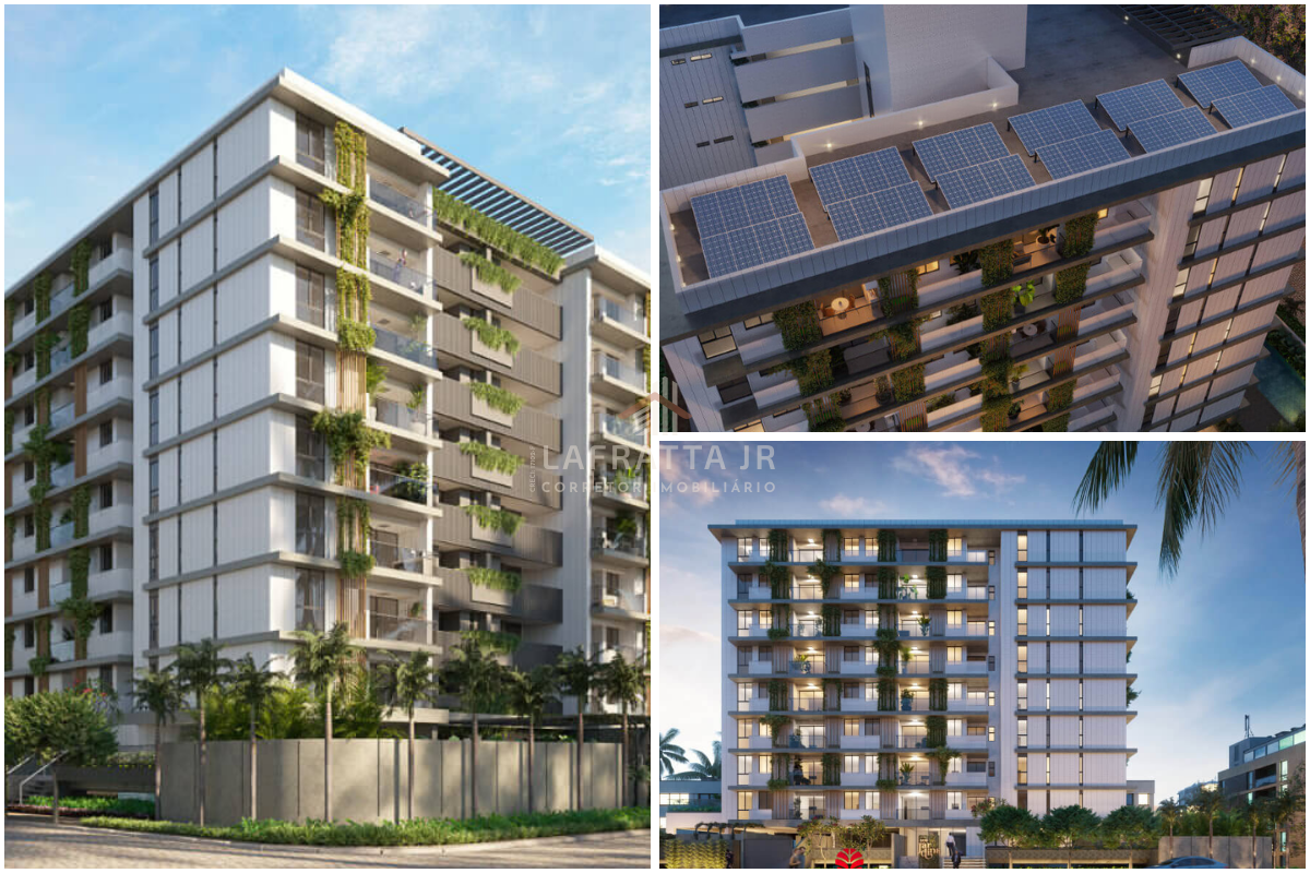 Fachada do Eco Jardins no Jardim Oceania, destacando o paisagismo integrado, varandas gourmet e arquitetura moderna em rua arborizada de João Pessoa.